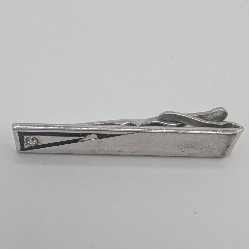 Vintage Swank Silver Tone Tie Clip Black Enamel Triangle Rhinestone MCM Mens